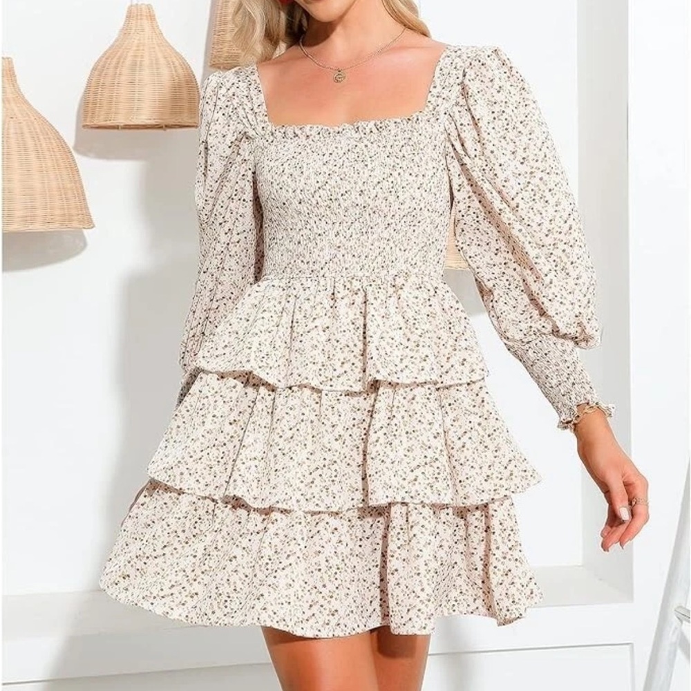 Byinns Square Neck Ruffle Dress Long Sleeve Floral Print Tiered Tie Bac